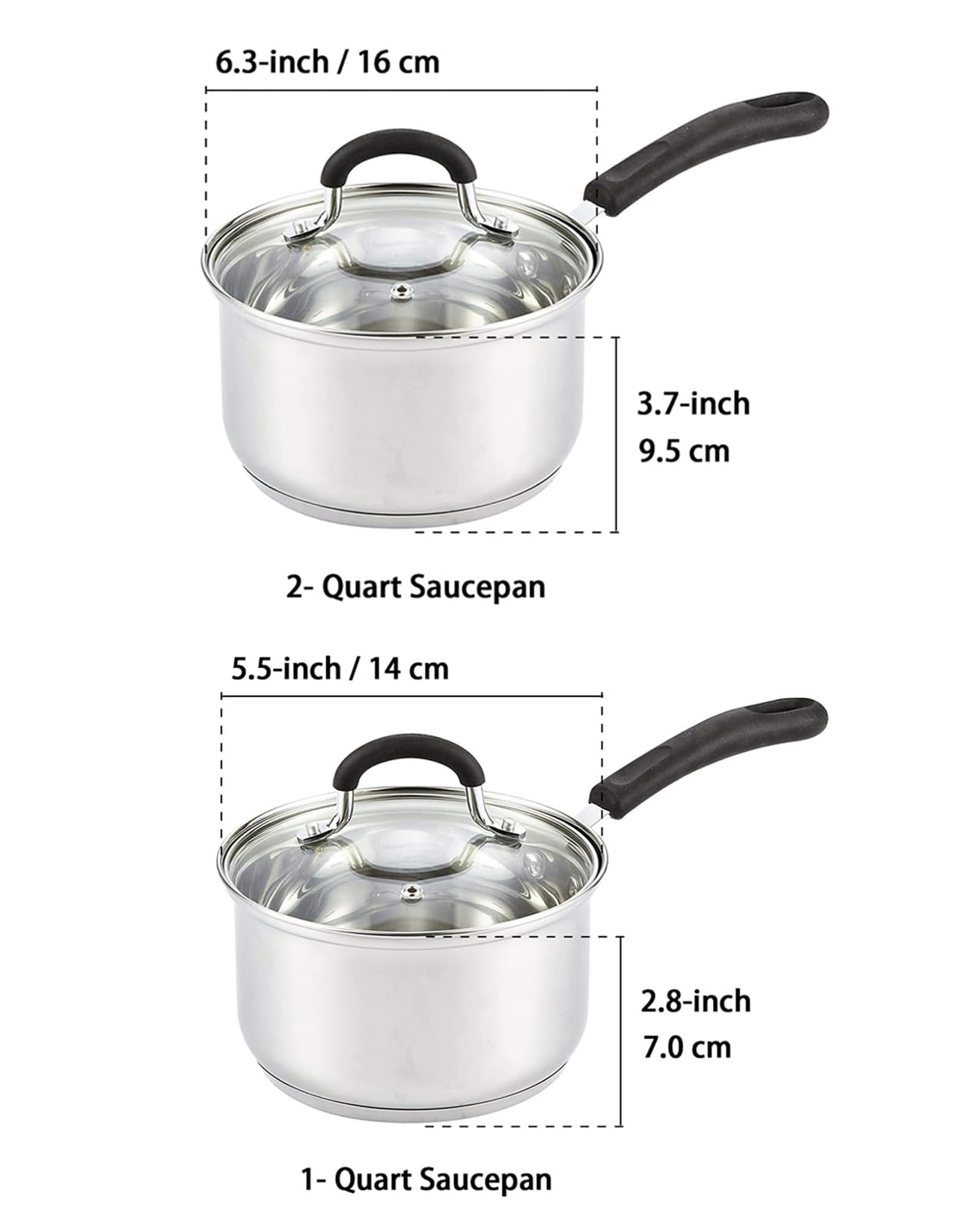 Cook N Home Saucepan Set Sauce Pot With Lid 1Qt And 2Qt Stainless Steel, Stay Cool Handle, Silver