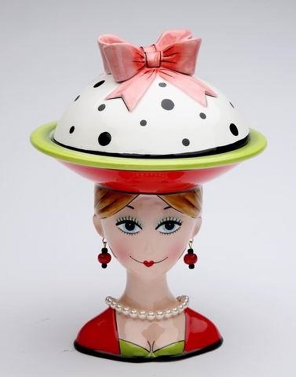 8 Inch Lady With Earrings And Red/White/Green Dilly Dot Top Candy Bowl