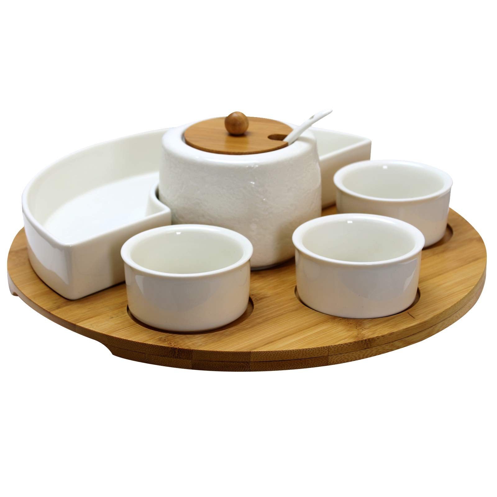 Elama Ceramic Stoneware Condiment Appetizer Set, 8 Piece, Assorted Round In White And Natural Bamboo