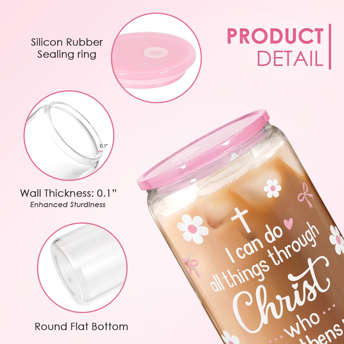 SANDJEST Christian Glass Can Tumbler 16oz, Inspirational Glass Cup with Lid & Straw, Iced Coffee Aesthetic Cups for Women Girls,