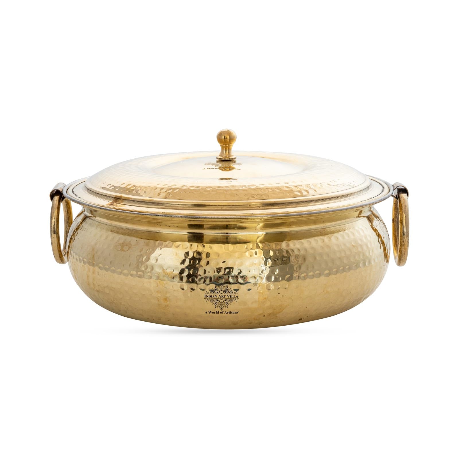 Indian Art Villa Brass Degchi With Hammered Design & Tin Lining, Traditional Cookware For Slow Cooking, Serving Curries, Biryani