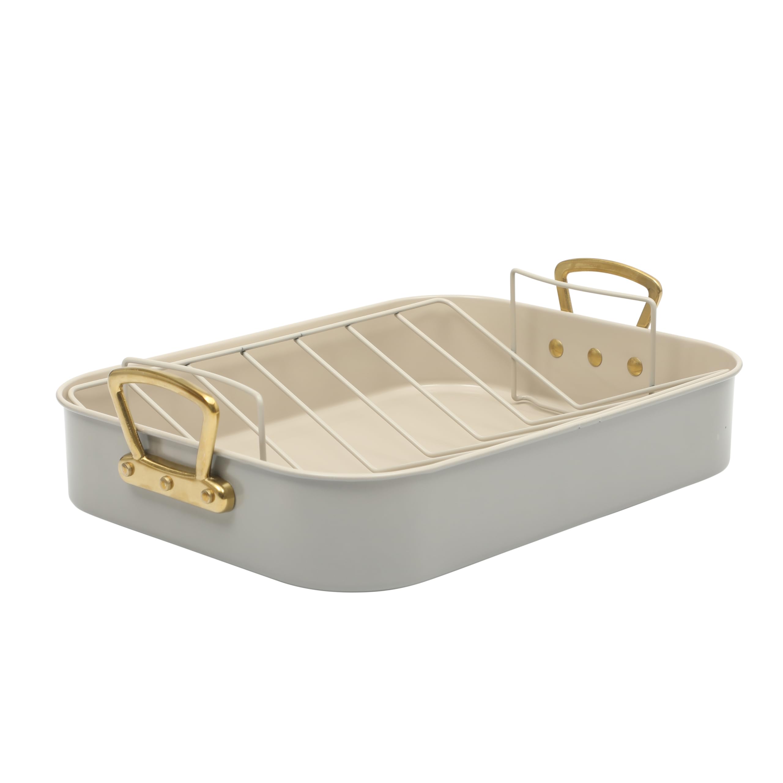 Gibson Home Broxton 2Piece Nonstick Roaster Pan with Rack  16 x 12 Inch Taupe Turkey Roasting Pan with Cast Aluminum Gold Hand