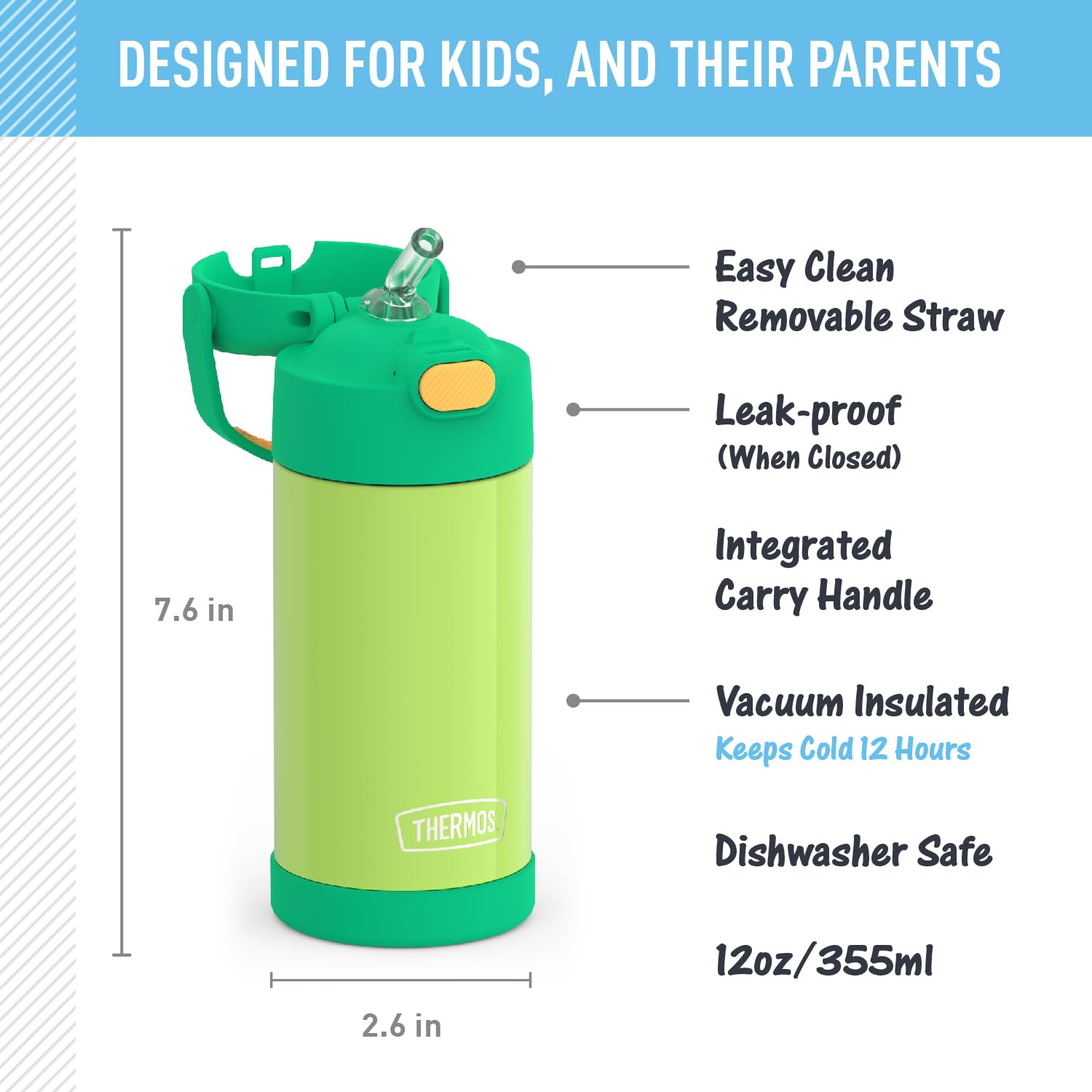 Thermos Funtainer Water Bottle With Straw - 12 Ounce - Kids Stainless Steel Vacuum Insulated Water Bottle With Lid, Lime/Orange