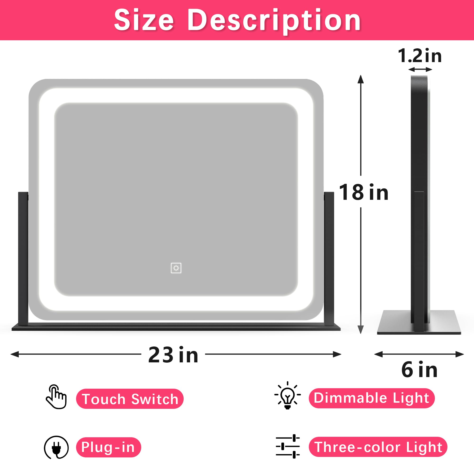 Rolove 22X17 Inch Lighted Vanity Mirror With Dimmable Led Lights - 3 Color Modes, Smart Touch Control & 360 Rotating Base - Desk