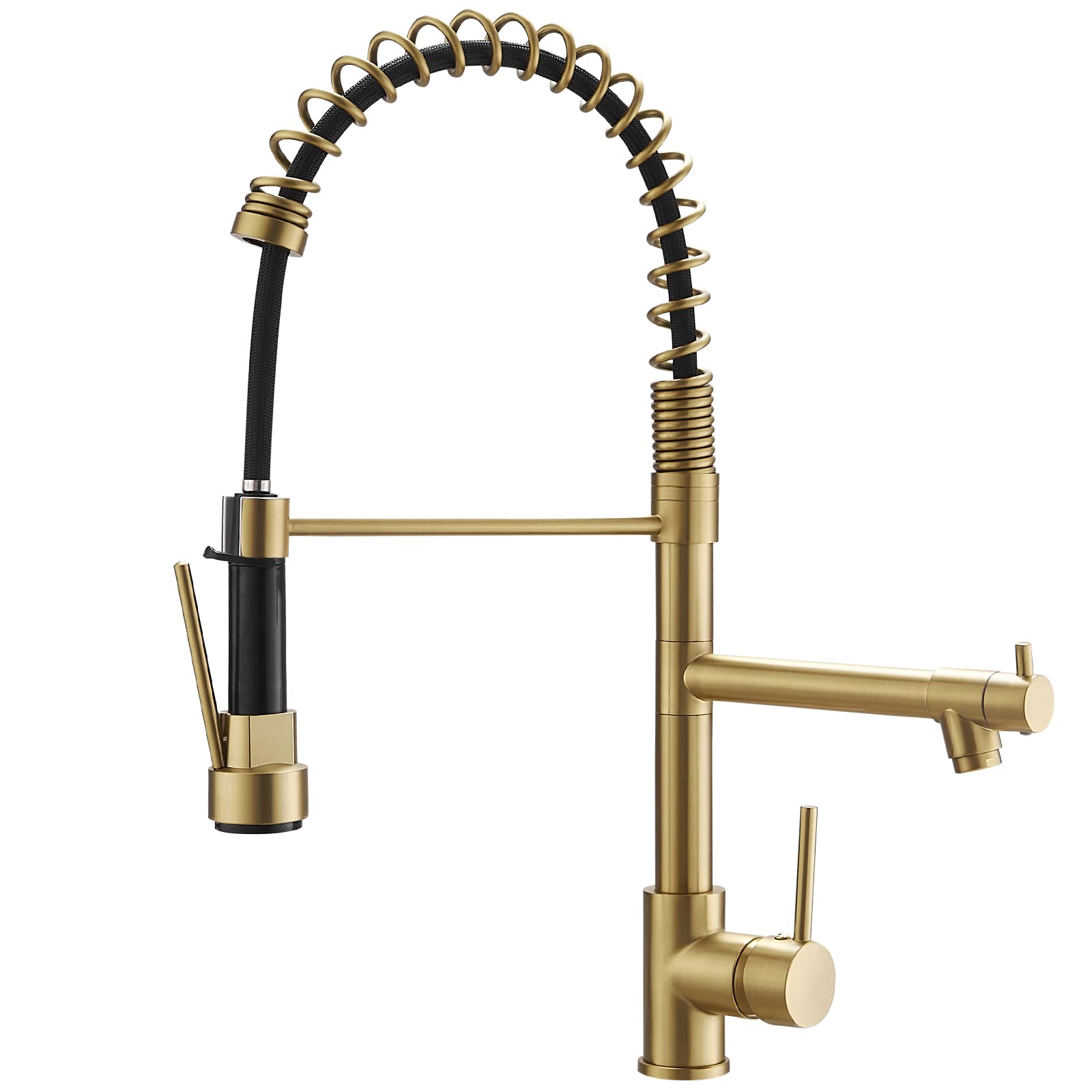 Brushed Gold Kitchen Faucet with Pull Down Sprayer, AIMADI Commercial Gold Kitchen Sink Faucet Single Handle Spring Two Nozzles 