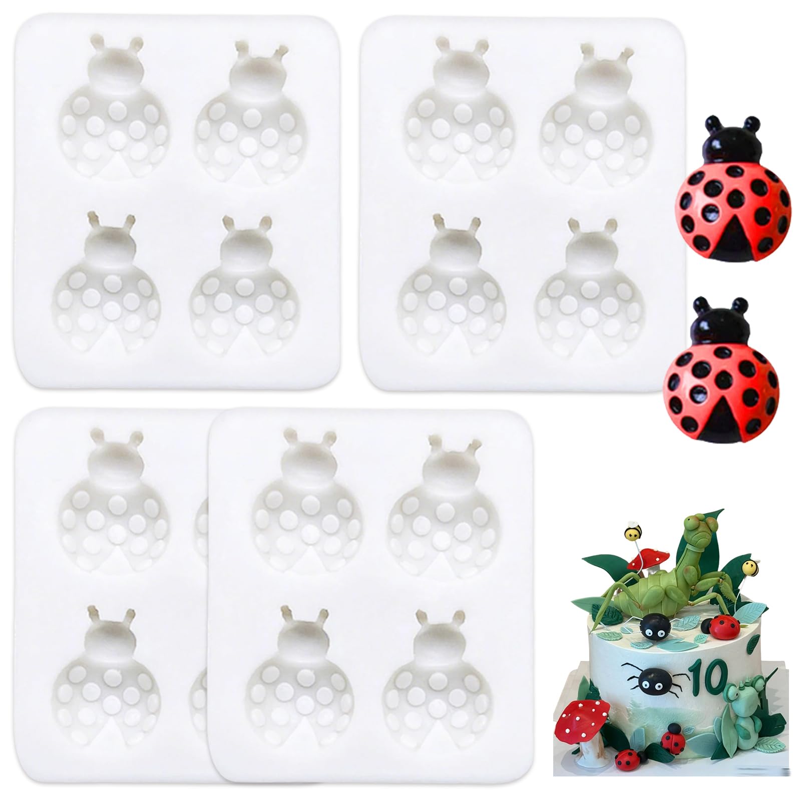 4 Pack Insect Silicone Fondant Molds Cute Ladybug Ladybird Silicone Mold for Chocolate Cake Decoration Candy Cupcake Topper Cake