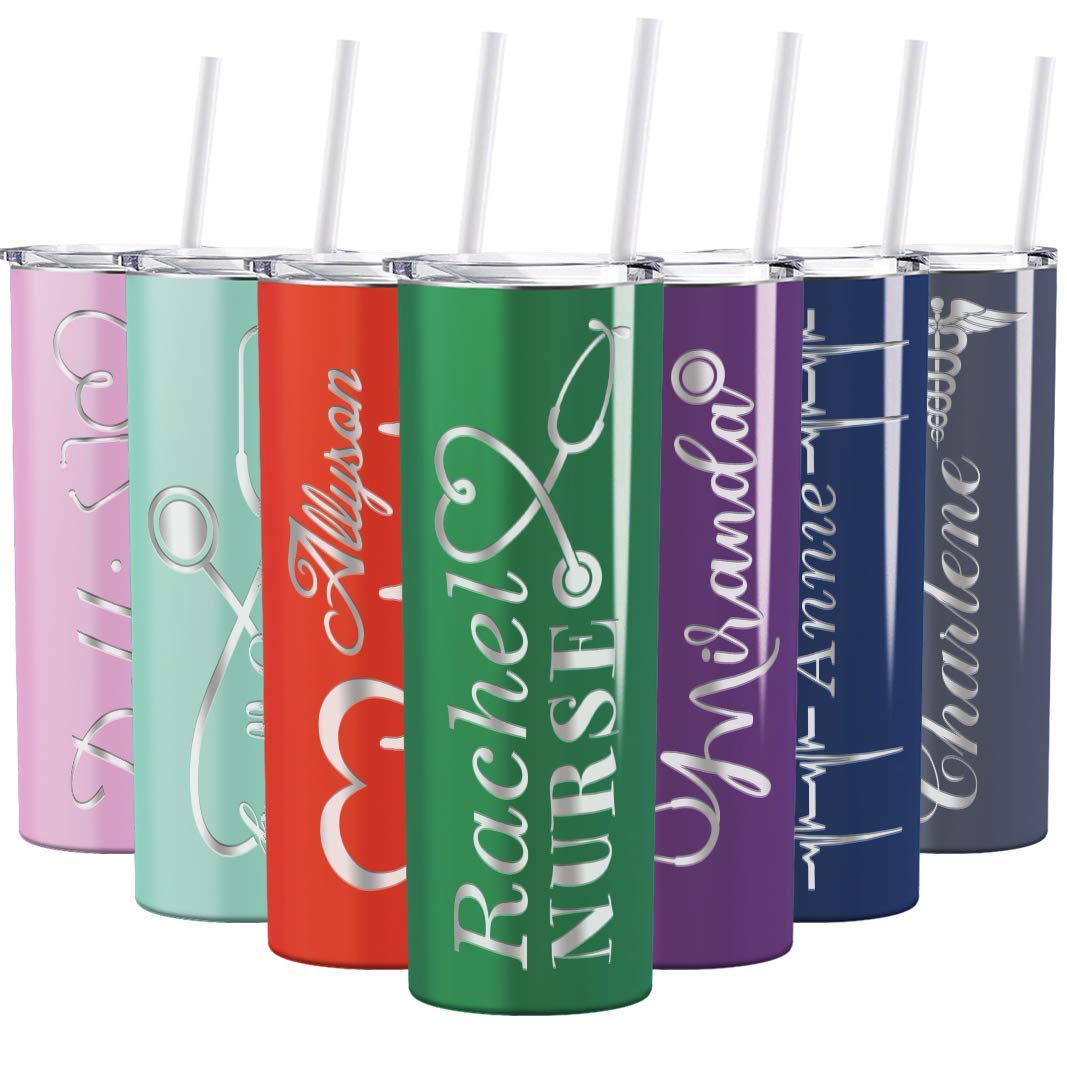 Personalized Nurse Laser Engraved Custom Kelly Green Gloss Nurse Custom Engraved 20 Oz Skinny Tumbler With Lid And Straw