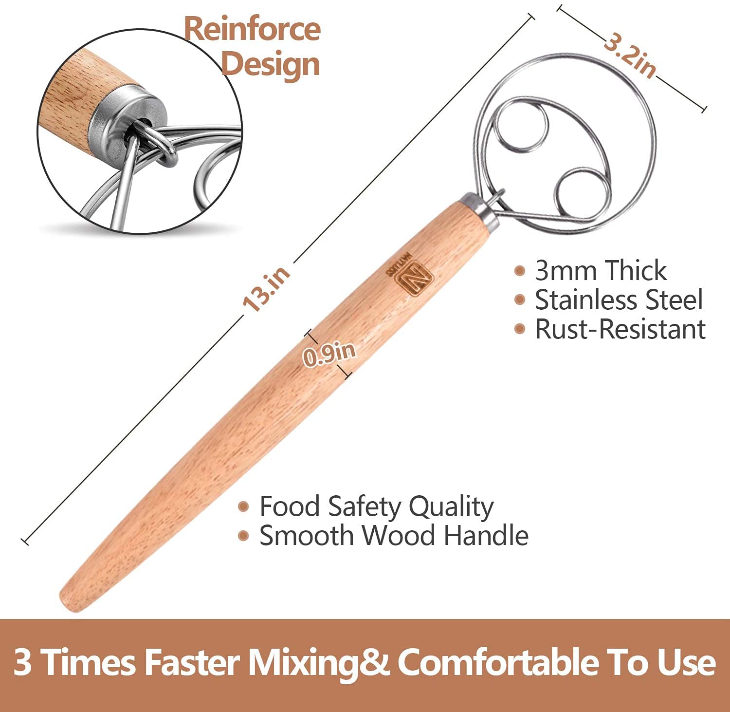 Natluss Original Danish Dough Whisk Dutch Style 13'' Stainless Steel Large Wooden Hand Dough Mixer Baking Tool For Bread, Batter