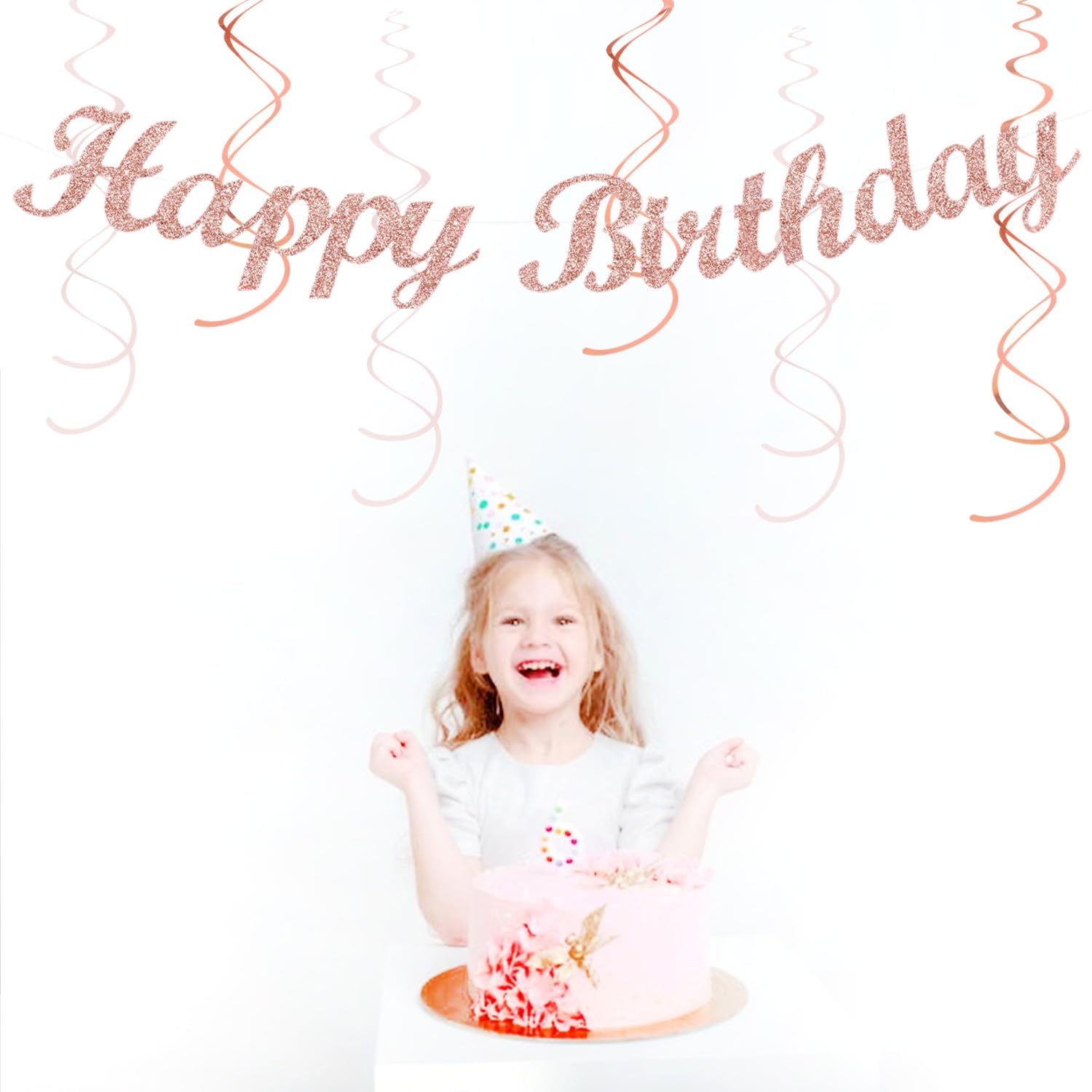 Pink White Rose-Gold Birthday Party-Decorations - 21Pcs Happy Banner, Paper Lanterns,Tissue Pom Poms Flower Fan,Honeycomb Ball,S