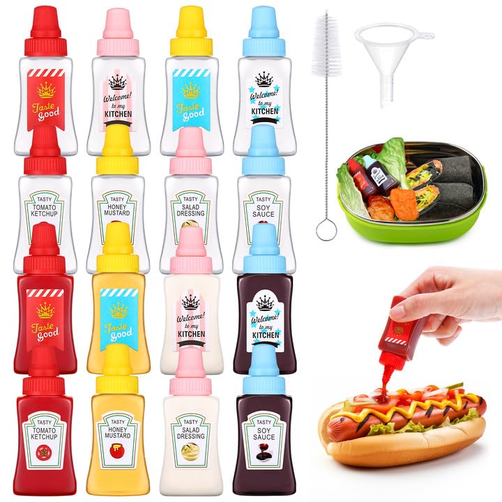 Hoemwarm 16 pcs Mini Ketchup Bottles 25ml Plastic Portable Condiment Squeeze Bottles for Kids Adults Office Lunchbox Picnic Oil 