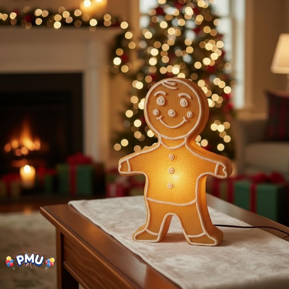 PMU Christmas Light-Up Gingerbread Figure - Double Sided Blow Mold Plastic Statue with 6 Cord and Light - Perfect D  cor for Ho
