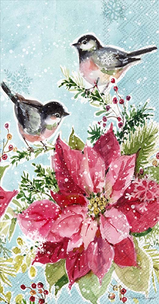 Boston International Ihr 3-Ply Paper Napkins, 16-Count Guest Size, Poinsettia & Chickadees