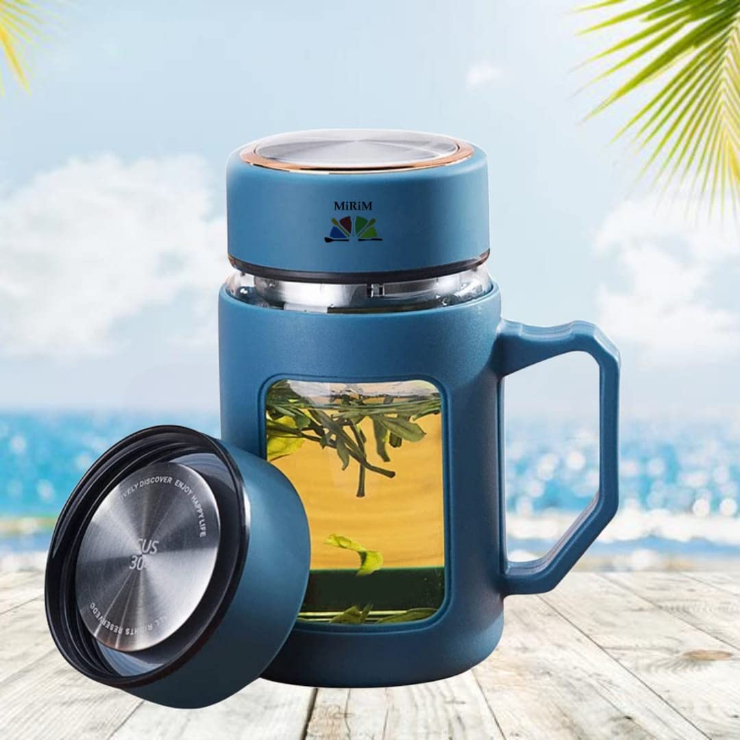 miRim Glass Travel Mug with Lid (500ml) with Plastic Protection and Transparent Window  1 Piece (Blue)