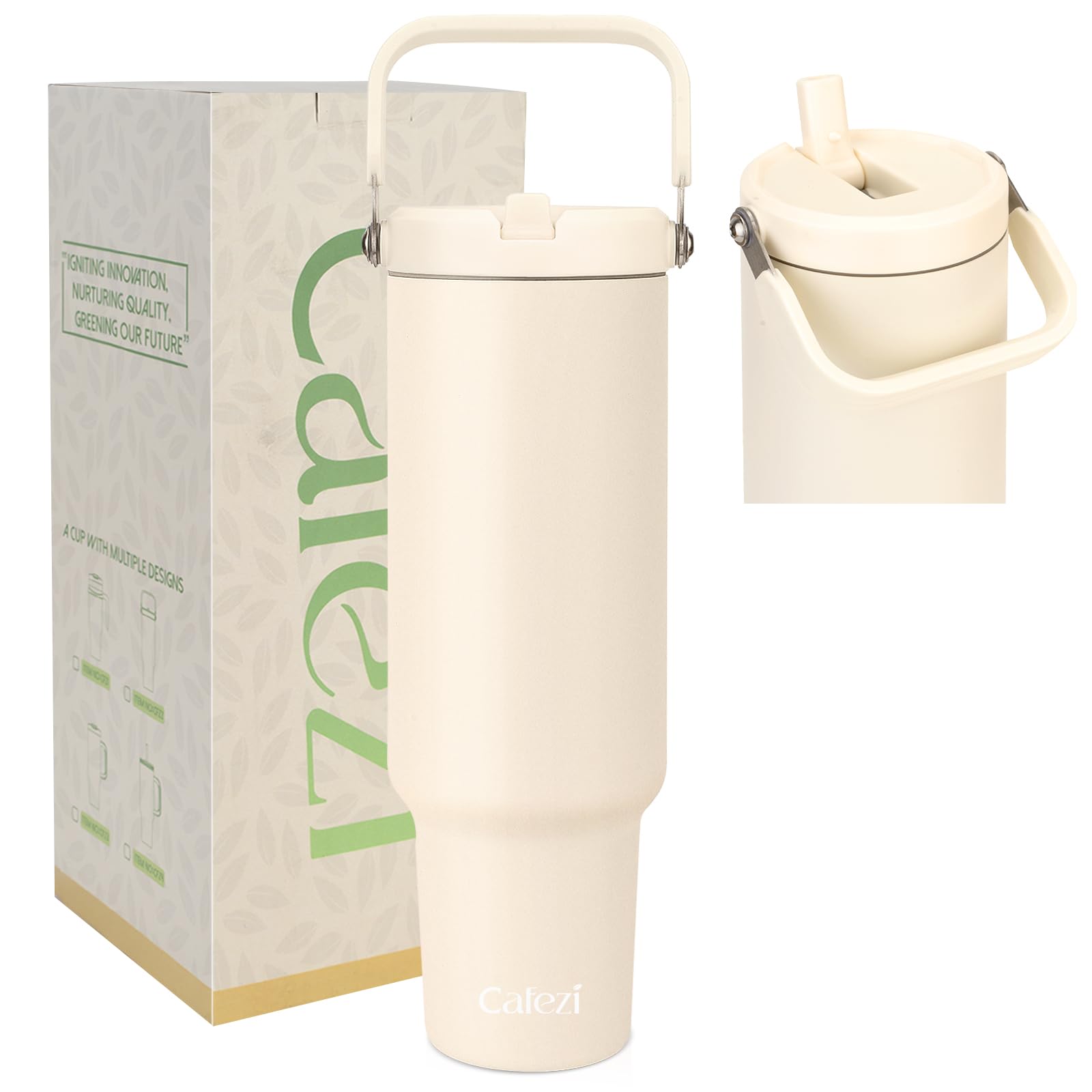 Cafezi 50oz Insulated Tumblers, Stainless Steel Water Bottles with Flip Straw and Top Handle, Leak Proof, No Sweat, Fits in Cup 
