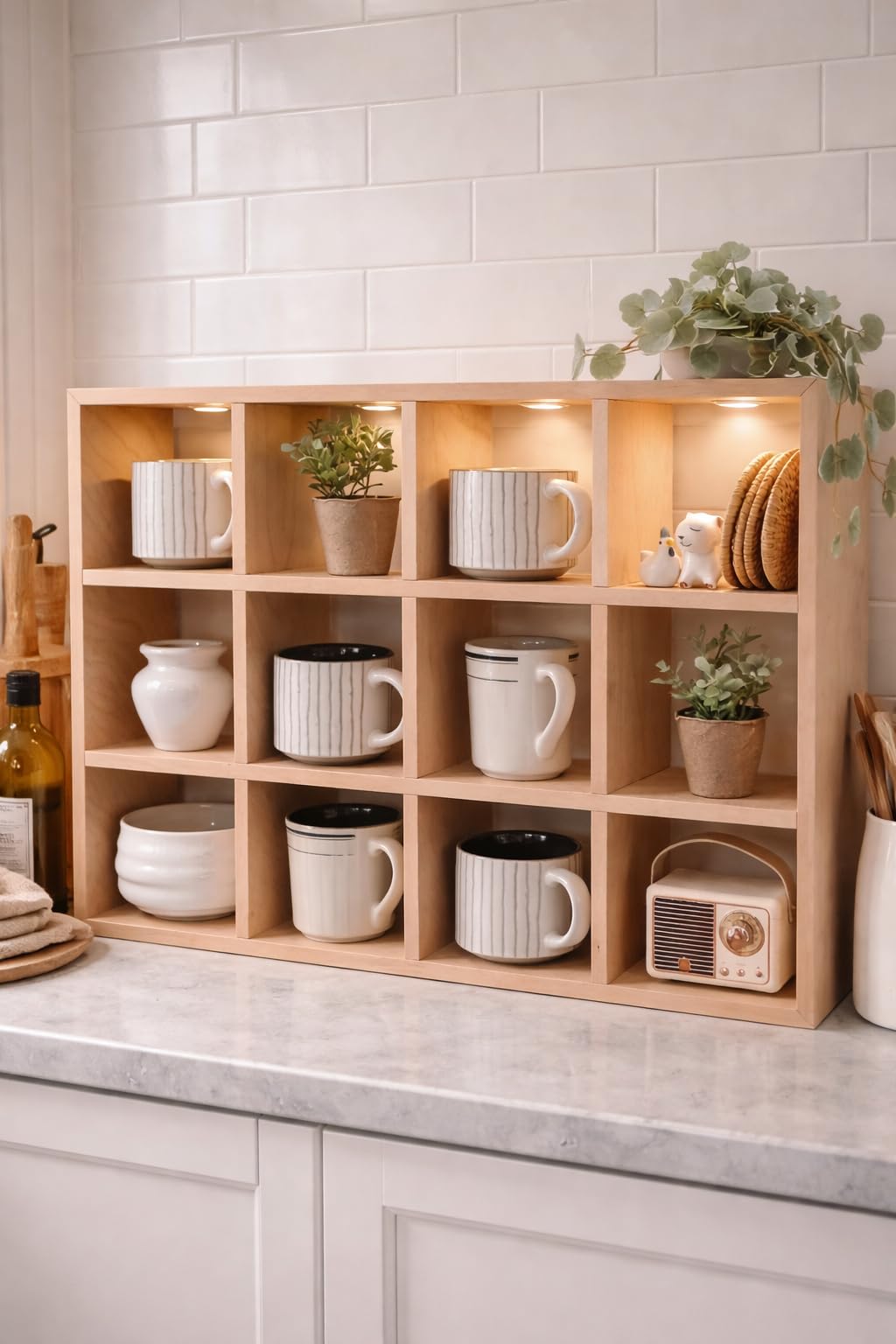Soulwood By Nandika Wooden Display Shelf, 12Cube Storage Organizer, Oak Finish, Wall Mounted Decorative Grid For Mugs, Collecti