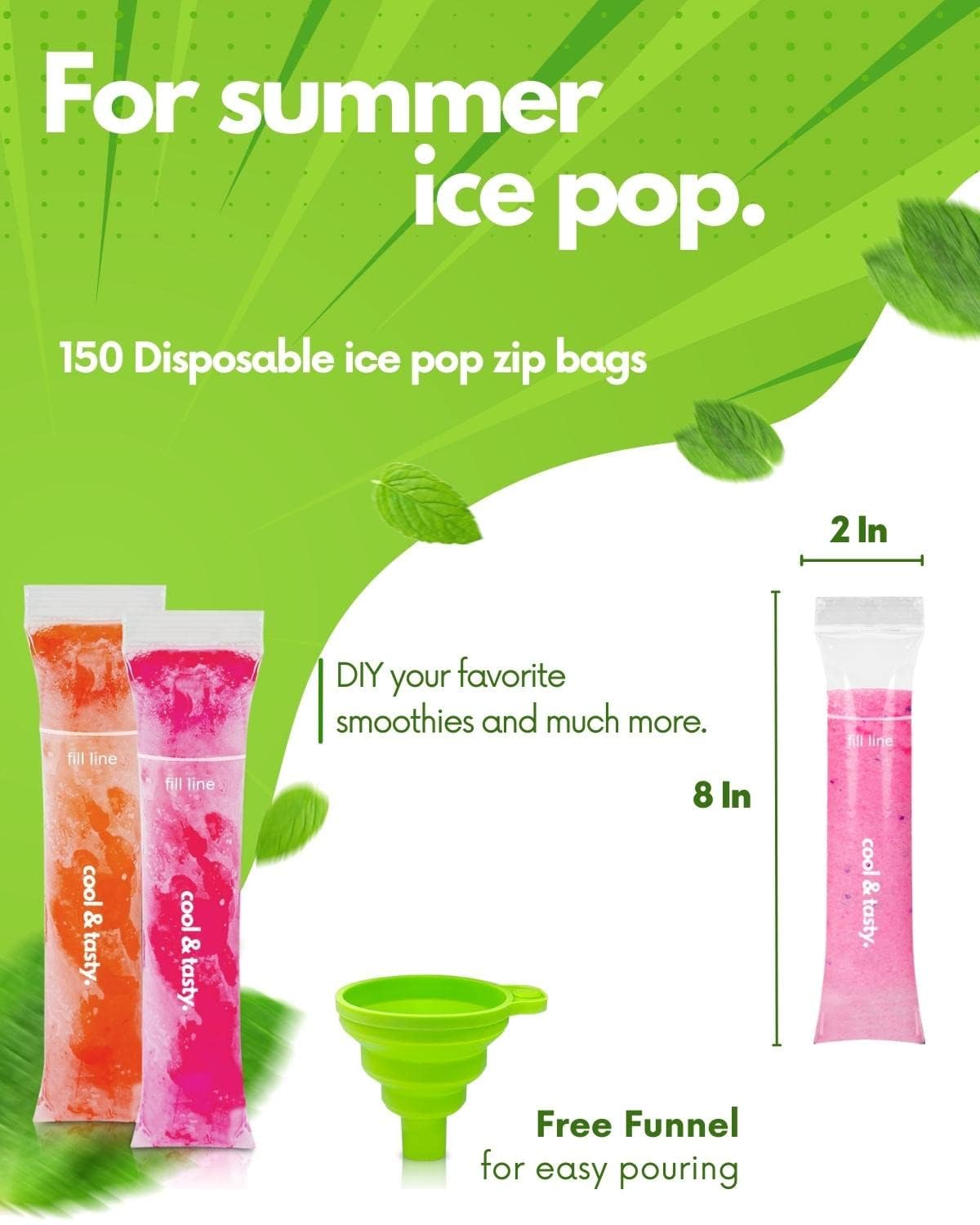 Ansmio 150 Disposable Popsicle Mold Bags With Zip Seals, 8X2'' Freezer Tubes For Diy Ice Pops, Yogurt, Juice & Fruit Smoothies -