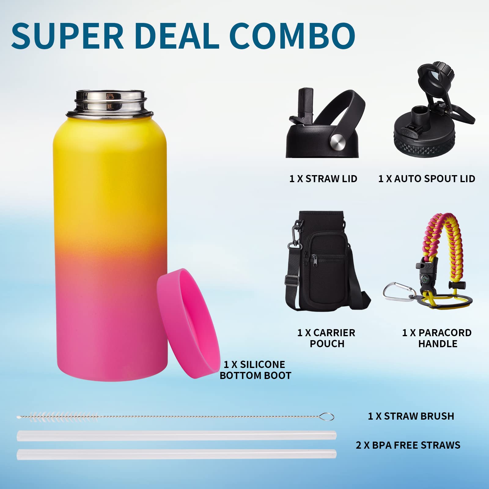 Stainless Steel Water Bottles 32oz - Cold-48h Hot-24h Insulated Water Bottle with Straw & Auto Spout Lid  Carrier Bag & Protective Cup Mat  Metal Thermo Flask Reusable Gym Waterbottle Jug Leak Proof