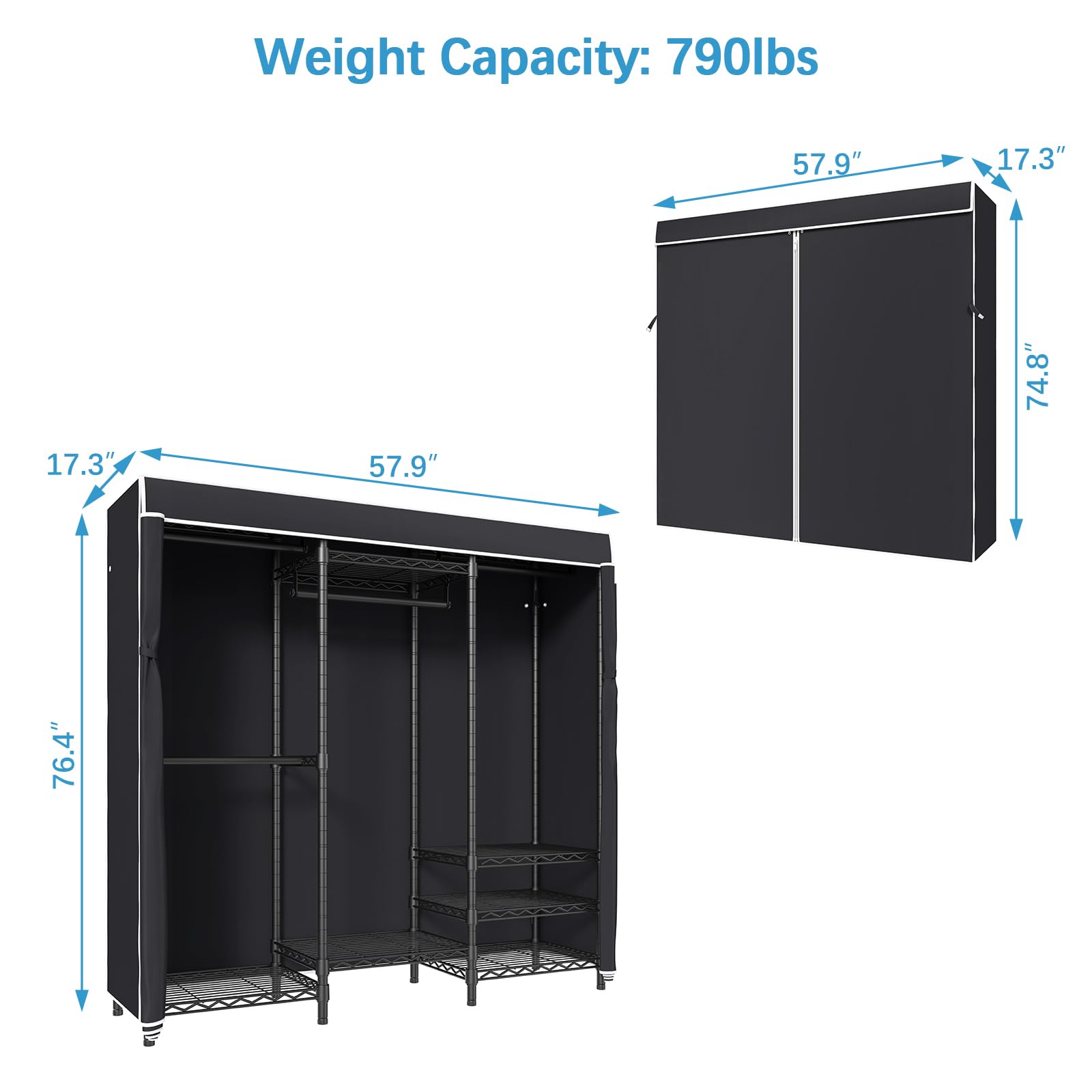 Vipek V5C Covered Clothes Rack Heavy Duty Portable Closet Wardrobe, Freestanding Black Metal Clothing Rack With Black Dustproof