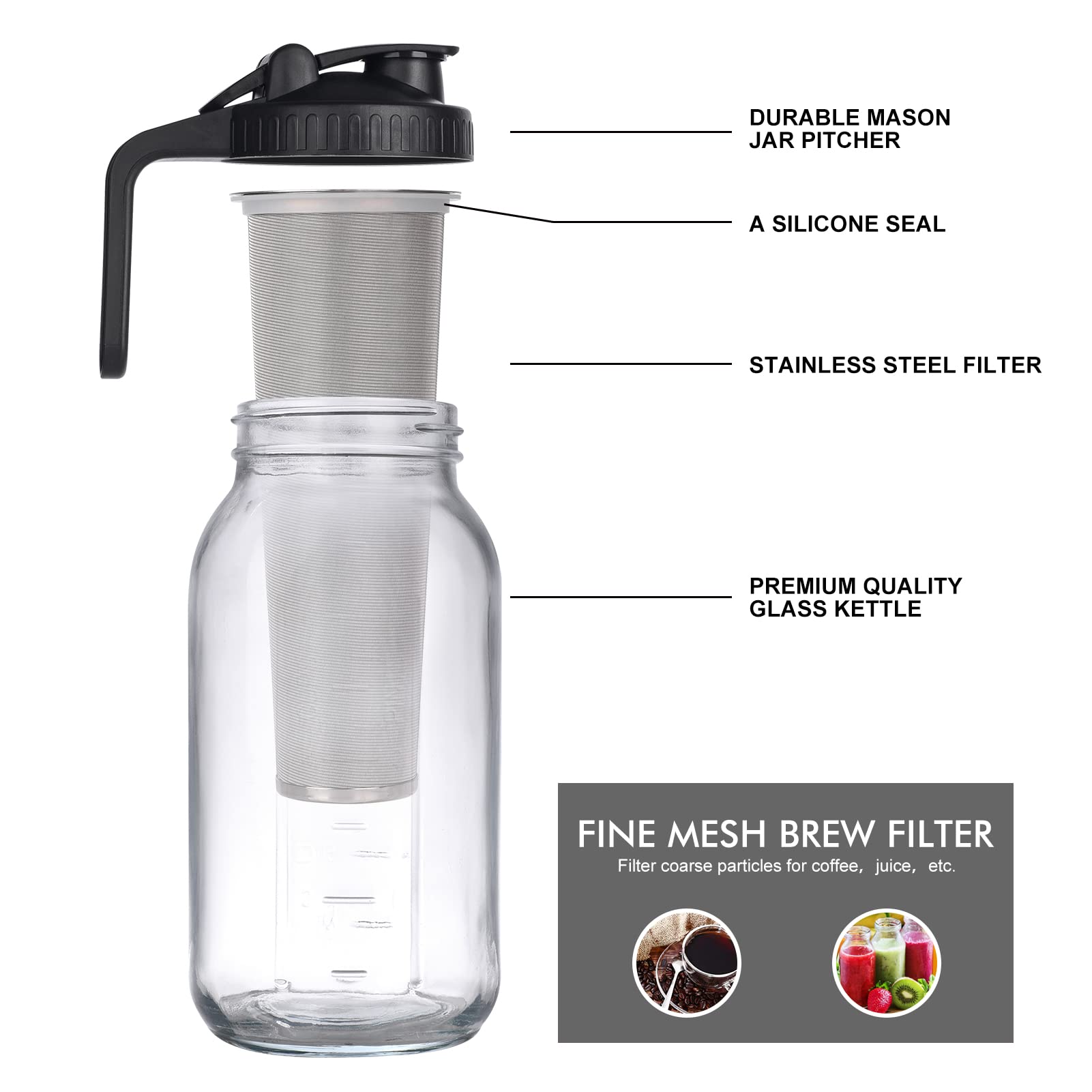 Cold Brew Mason Jar Iced Coffee Maker, Durable Glass, - 64 Oz (2 Quart / 1.9 Liter), With Handle& Stainless Steel Filter For Ice