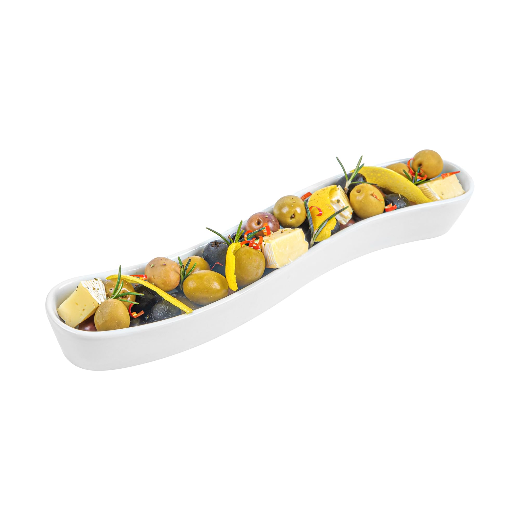 Restaurantware Swerve 10 Ounce Olive Plate 1 Curved Olive Tray - Medium Chip Resistant White Porcelain Olive Canoe Dishwasher Sa