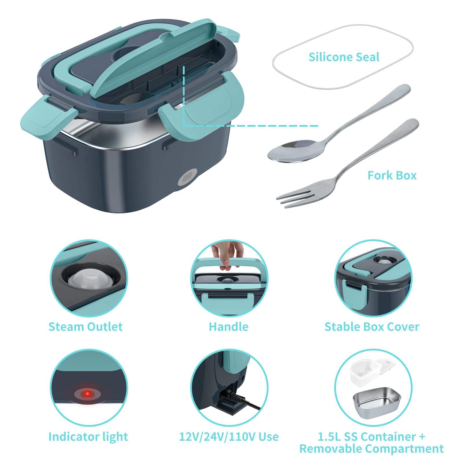 Charmdoo Electric Lunch Box, Food Warmer Heater 12V 24V 110V, 80W Faster Heated Lunch Box For Car/Truck/Home Portable Heating Bo