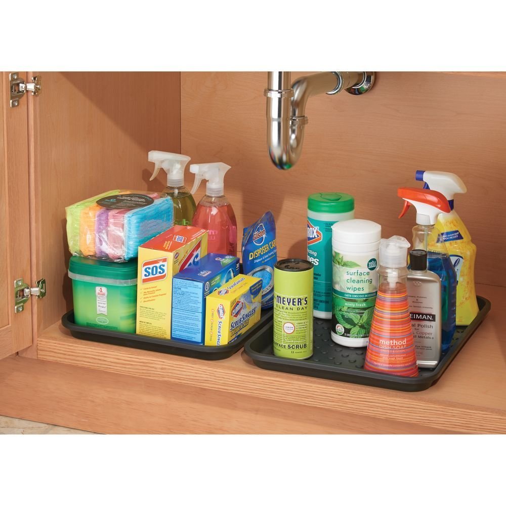 iDesign Plastic Under Sink Mat Tray for Kitchen Cabinet  Bathroom  Entryways  Office  Mudroom  College Dorm  (Set of 2)  17'' X 13'' X 2''  Black