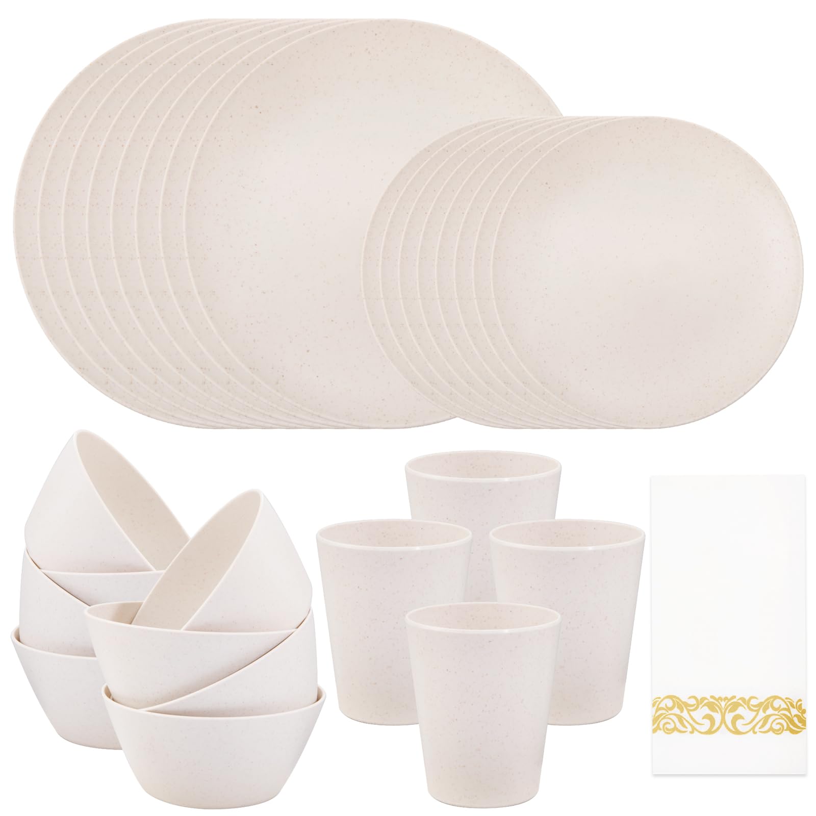 Supernal 32Pcs Wheat Straw Dinnerware Sets With 25Pcs Gold Napkins,Plates And Bowls Sets,Beige Plastic Dinnerware Sets Dish Set
