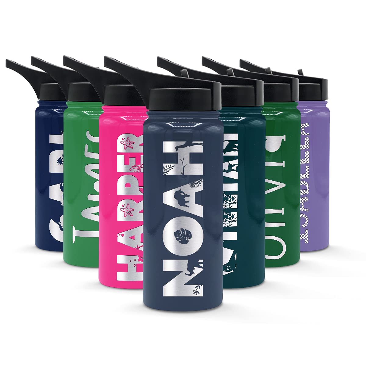 Personalized Kids Water Bottle With Straw Lid On Blue Gray Gloss Laser Engraved Custom Children Name 18 Oz Modern Stainless Stee