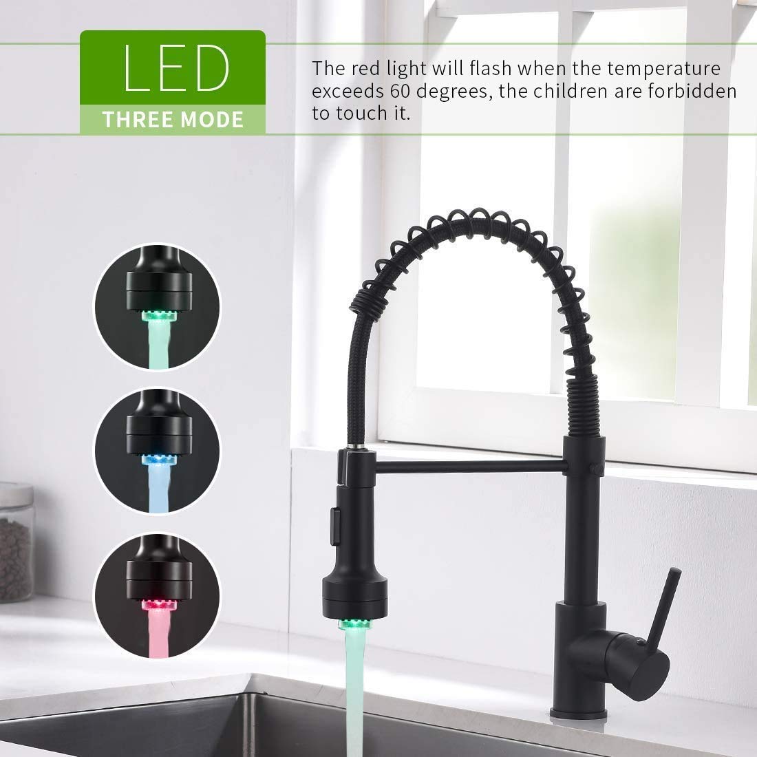 Gimili Black Kitchen Faucet With Sprayer Modern Single Handle Pull Down Sprayer Matte Black Kitchen Faucet Pull Down With Led Li
