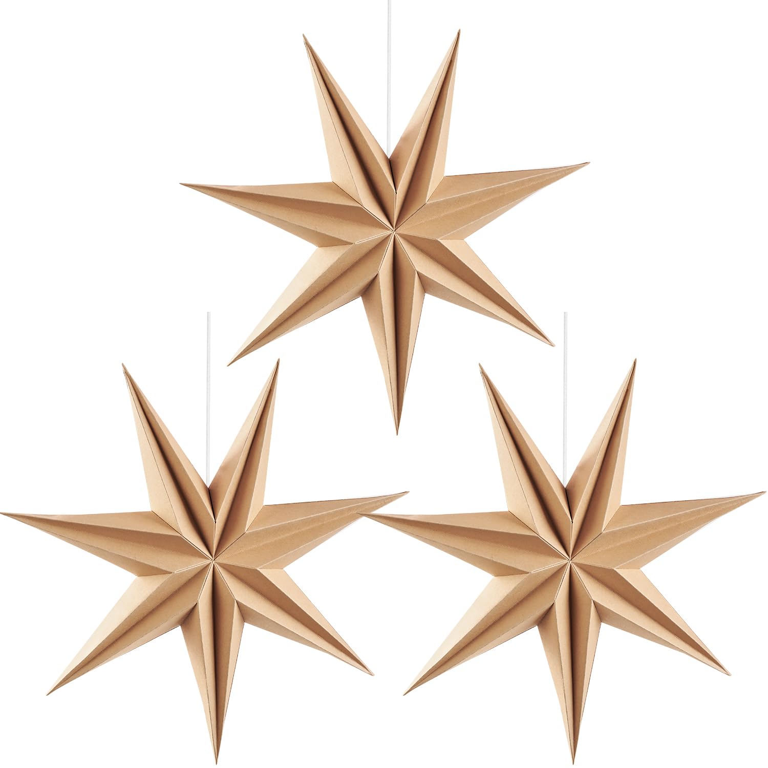 3Pcs 12Inch 7-Pointed Natural Paper Star Landerns Hanging Decoration Set Festive Holiday Decor Stars Shape Landerne For Christma