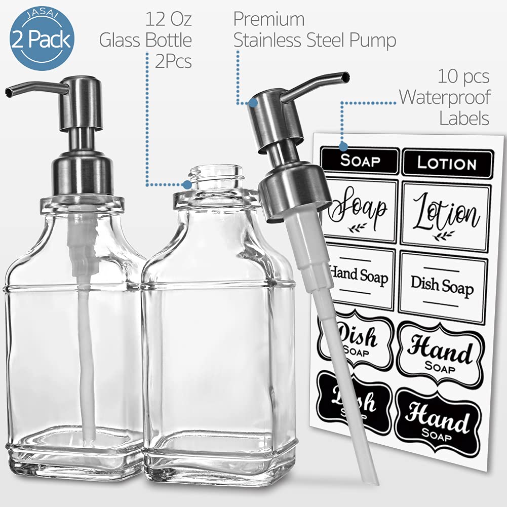 Jasai 2Pack Antique Design Glass Soap Dispenser With Rust Proof 304 Stainless Steel Pump, Refillable Hand Soap Dispenser With 10