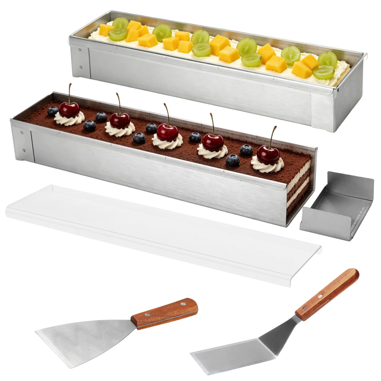NIMBLOOM 2 Pcs Tiramisu Mold Set with Clear Lids, Angled Shovel, and 3Sided Shovel, Detachable 304 Stainless Steel Rectangular 