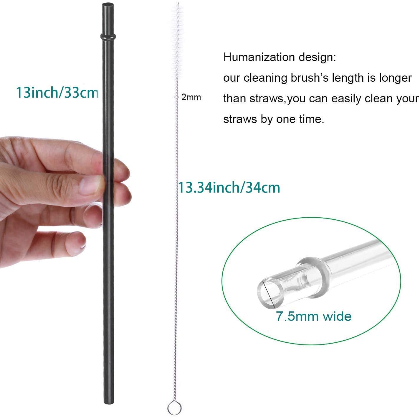 Dakoufish 13 Inch Long Black Reusable Plastic Replacement Drinking Straws For 40 Oz & 50 Oz Mason Jar,Tumblers, Set Of 12 With C