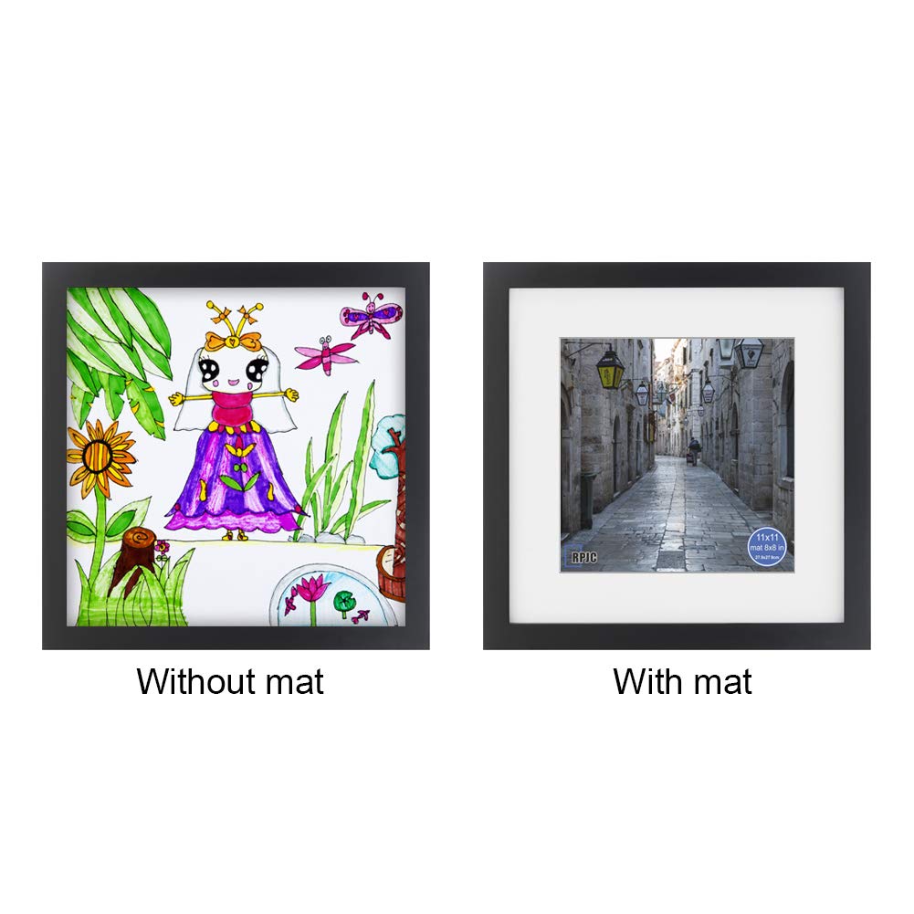RPJC 11x11 Picture Frame Made of Solid Wood and High Definition Glass Display Pictures 8x8 with Mat or 11x11 Without Mat for Wal
