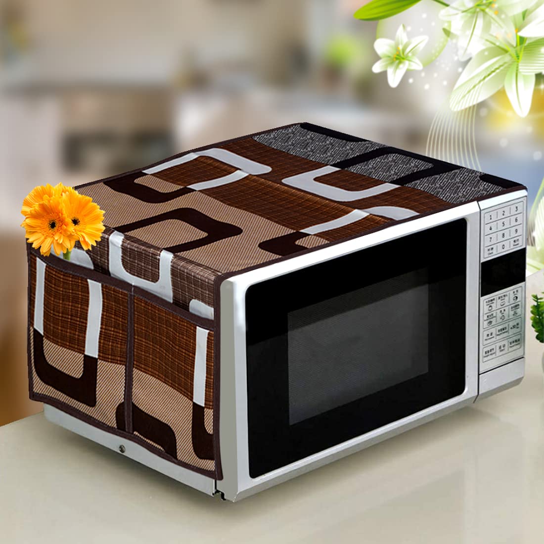 Kanushi Industries Microwave/Oven Top Cover With 4 Utility Pockets (Micro-Brown-Box)