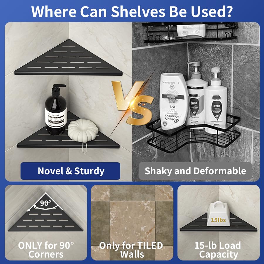 Bernkot Corner Shower Shelf 10'' Matte Black 304 Stainless Steel Slot Design Recessed Corner Shelf Bathroom Shower Shelf For Til