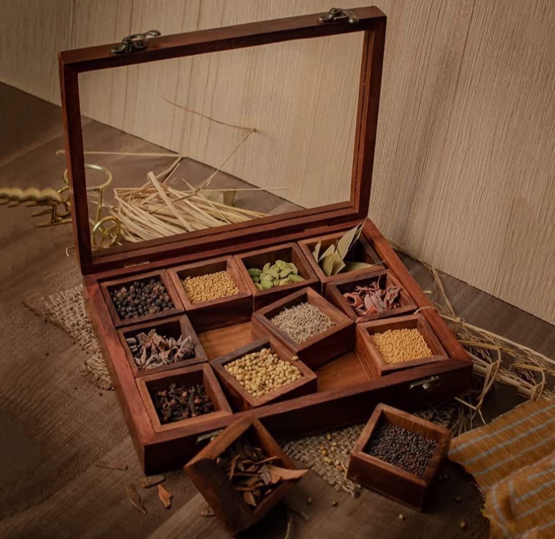 Wooden Spice Box For Kitchen  Spice Box For Kitchen Indian Wood Container With Lid  Masala Dabba With 12 Continers
