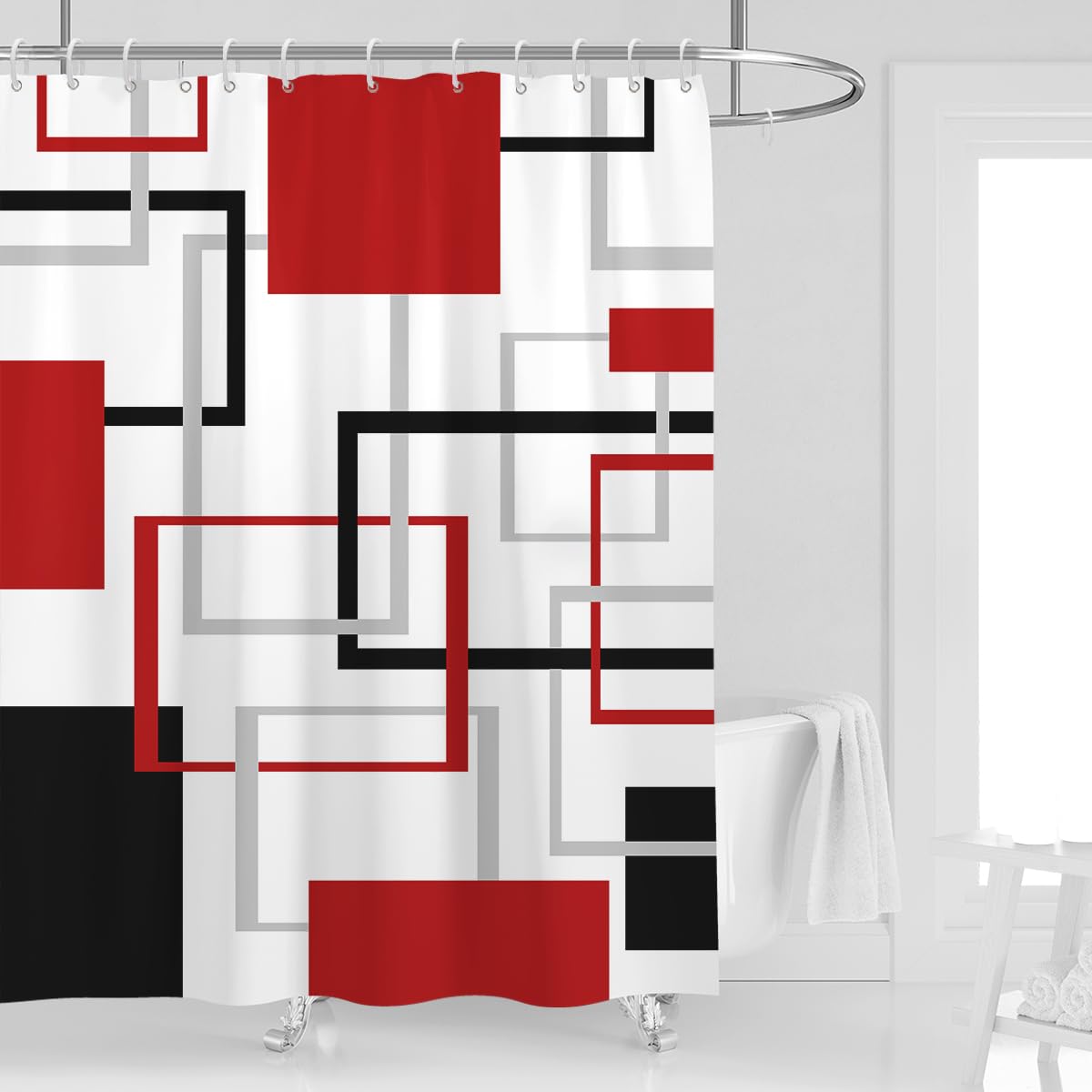 Kikiry Extra Long Shower Curtain Tall 72''W X 84''L Red Black White Grey Geometric Cross Checkered Geometric Modern Design Polye