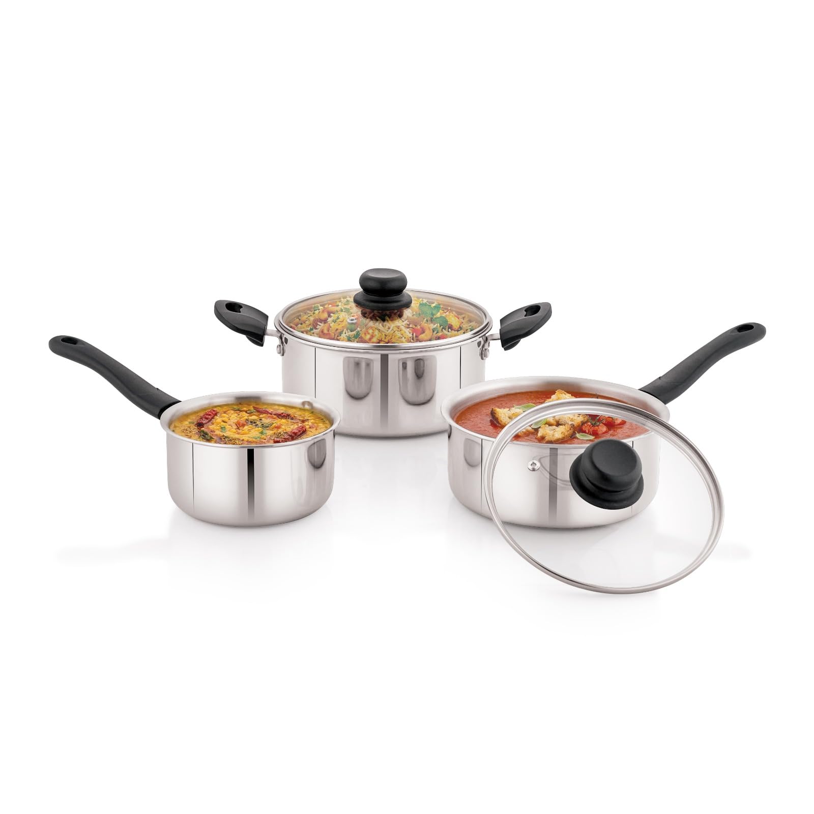 Metalux  Tryst  5 Pcs Triply Cookware Set  1 Casserole (3L), 1 Saucepan (2L), 1 Saucepan (1L), 2 Glass Lids
