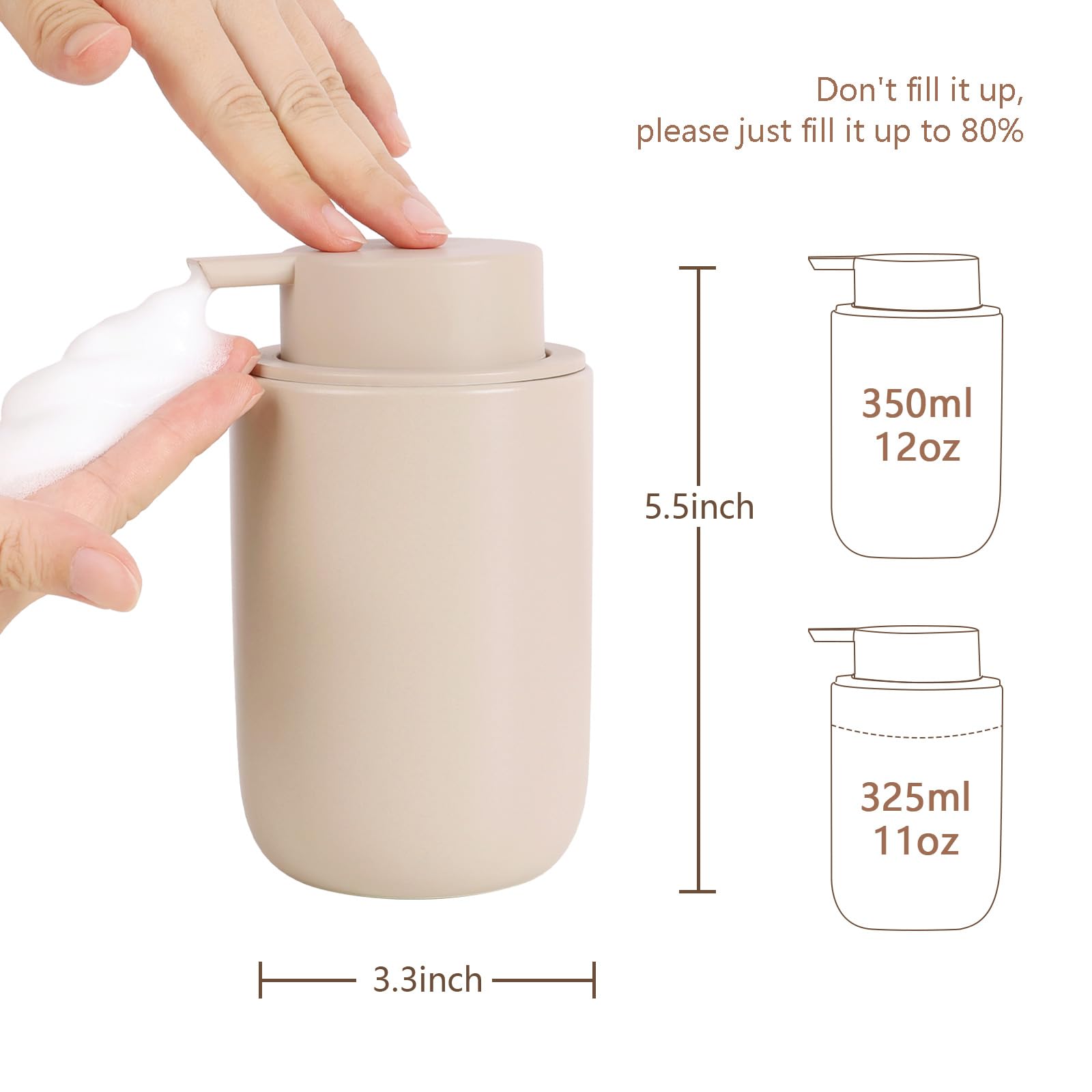 Bosilunlife Foaming Soap Dispenser Set - Khaki Ceramic Foam Hand Soap Dispenser 12Oz Soap Dispenser Set With Rust Proof Pump, 4P