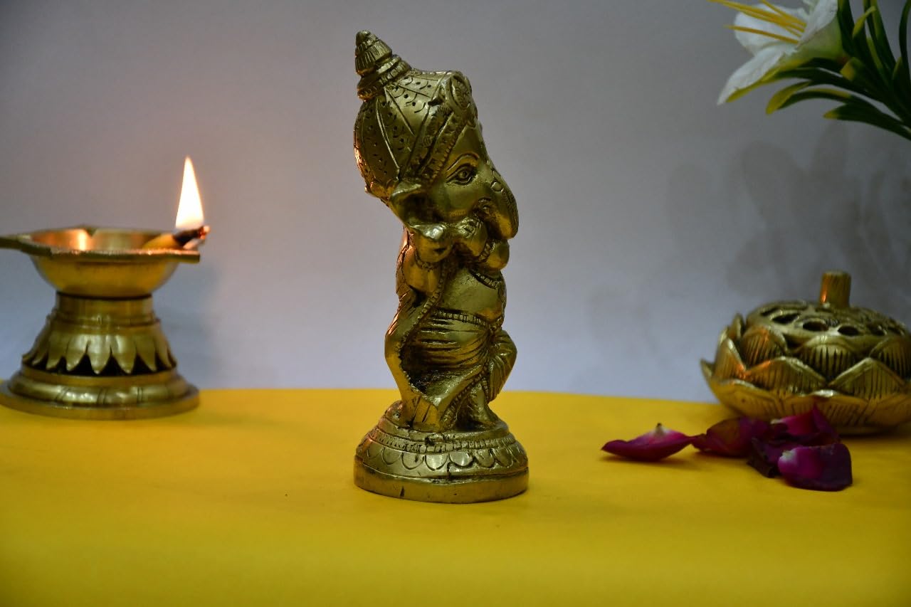 Brixus Brass Ganesh Idol, 14 Cm, Baby Ganesha Playing Flute, Standing Position Statue