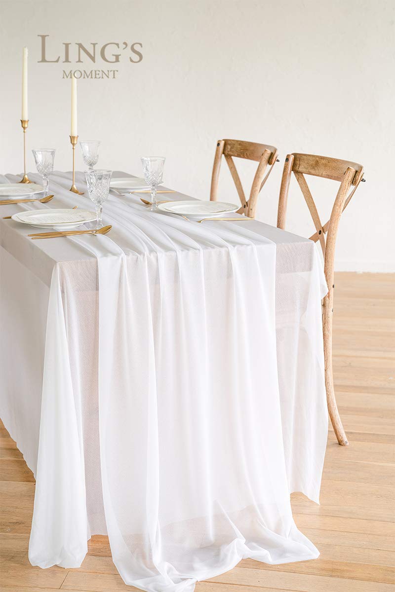 Ling 'S Moment 14Ft Brilliant White Sheer Chiffon Like Table Runner With Silver Sparkle For Rustic Boho Wedding Party Bridal Sho