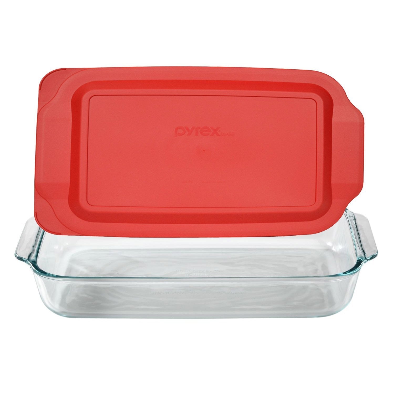 Pyrex Basics 3 Quart Glass Oblong Baking Dish with Red Plastic Lid -9 inch x 13 inch x 2 inch - Original Genuine Pyrex - Made in