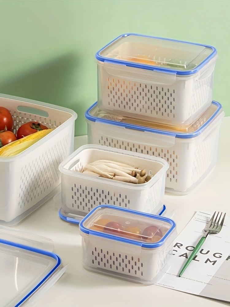 2 Pack Fruit Storage Containers for Fridge,Leakproof Food Storage Containers with Removable Colanders and Lid Produce Containers