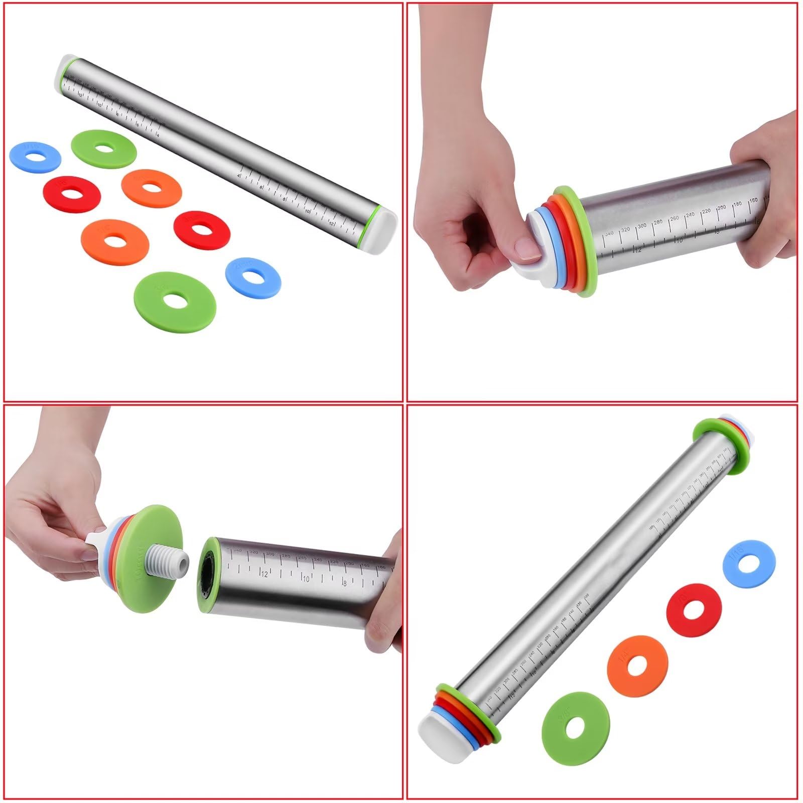 Stainless Steel Rolling Pin And Silicone Mat Set, Adjustable Thickness Rings - For Baking Dough, Pizza, Pies, Pastries, Pasta, C