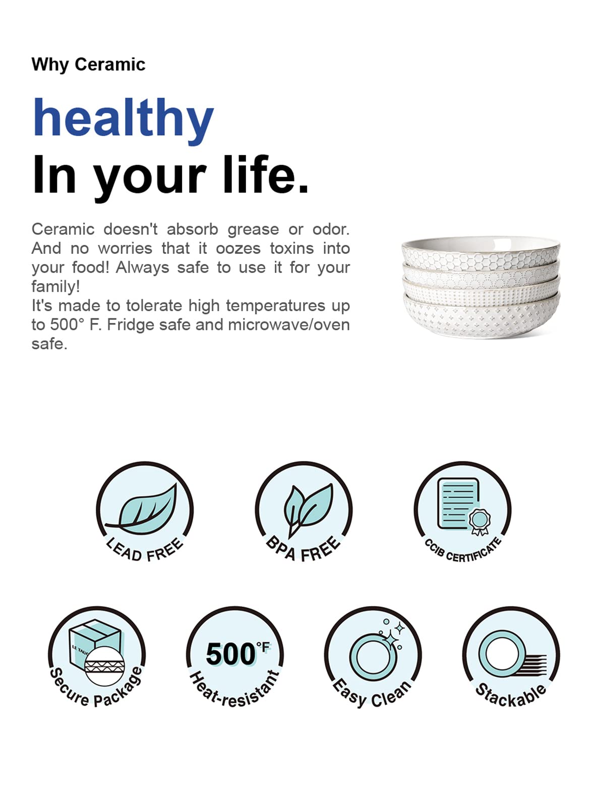 Le Tauci Pasta Bowl 36 Oz, Salad Bowl Serving Plate Bowls, Housewarming Wedding Present, Ceramic Embossment Bowl For Pasta, Frui