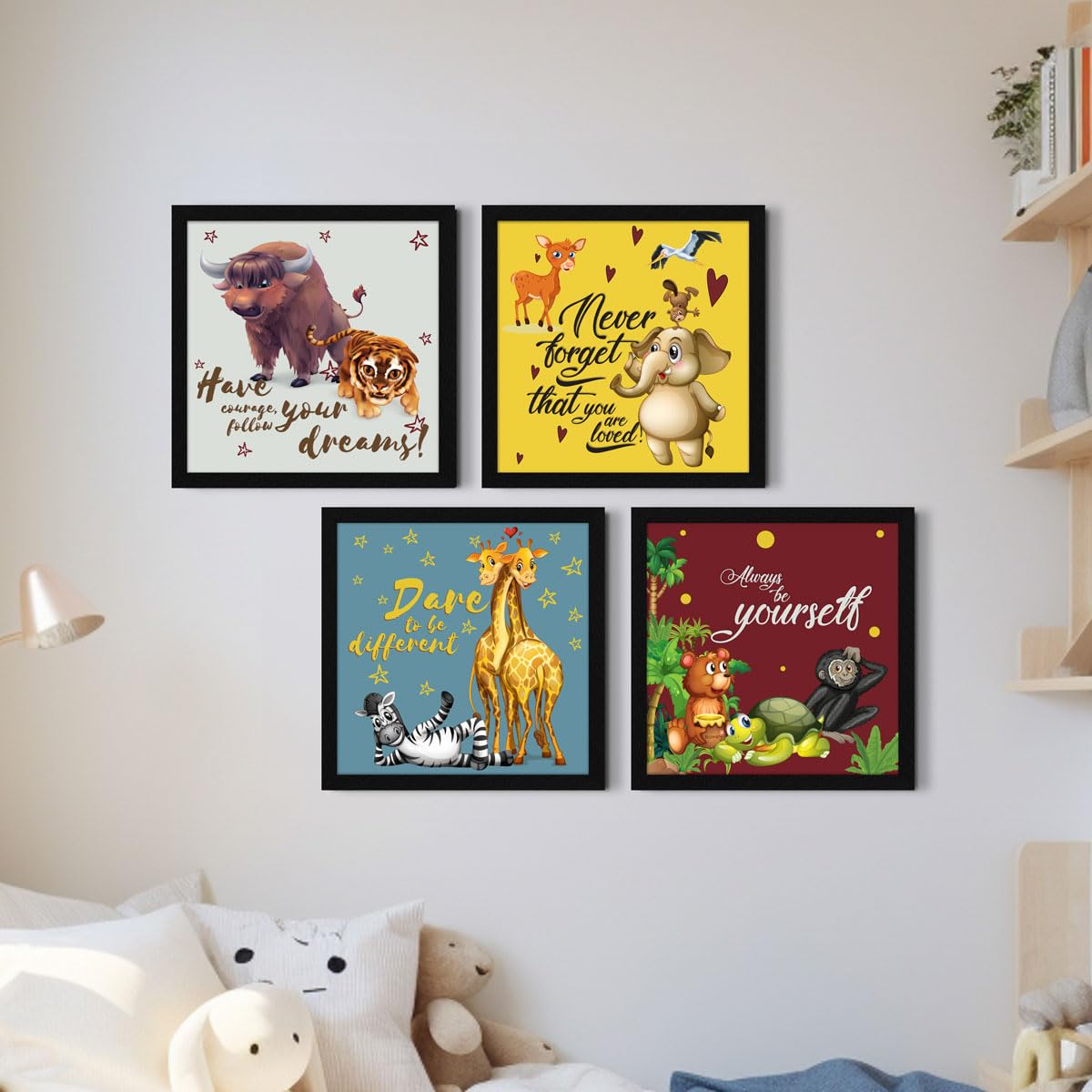 Artx Set Of 4 Cartoons Animals Kids Room Wall Art Painting, Framed Paintings 20 X 20 Inches, 10 X 10 Each, Multicolor, Synthetic