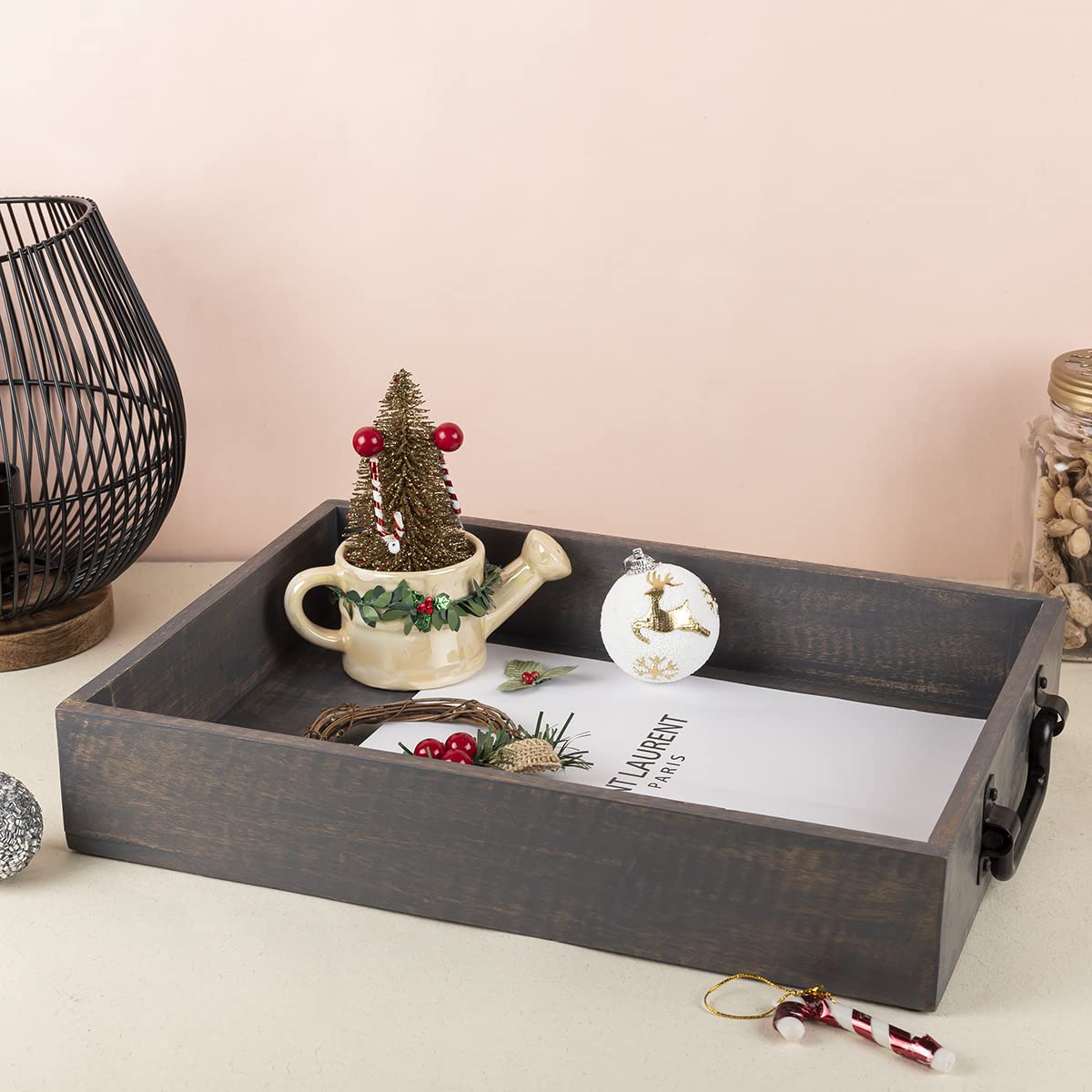 Gocraft Handmade Wooden Tray With Metal Handles | Decorative Serving Trays For Breakfast In Bed, Lunch, Dinner, Appetizers, Pati