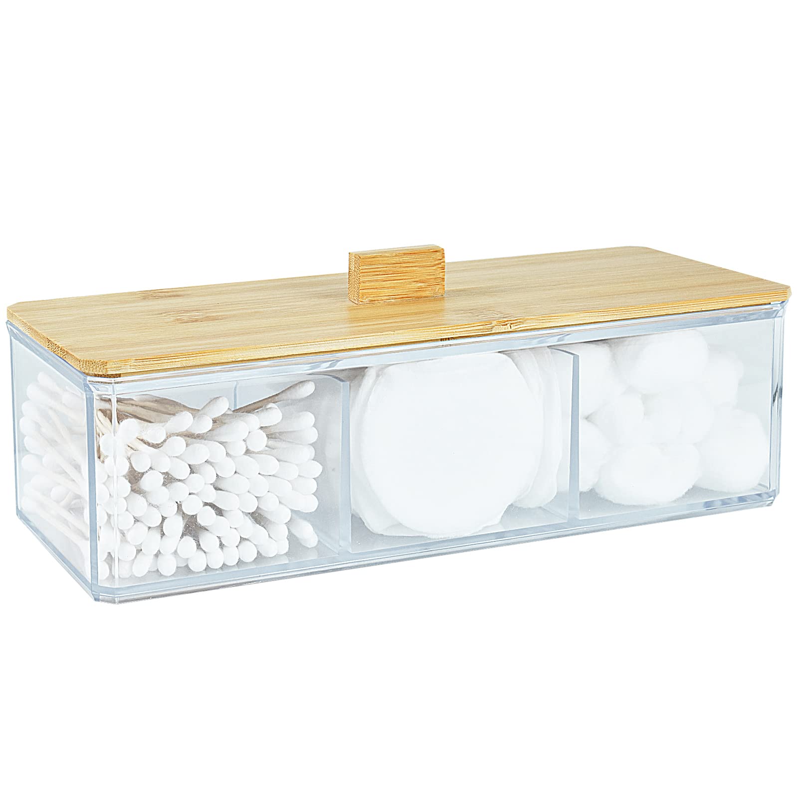 Acrylic Qtip Holder Dispenser With Wood Lid, 3 Compartment Cotton Ball Holder, Bathroom Organizer For Q Tip, Cotton Swab And Cot
