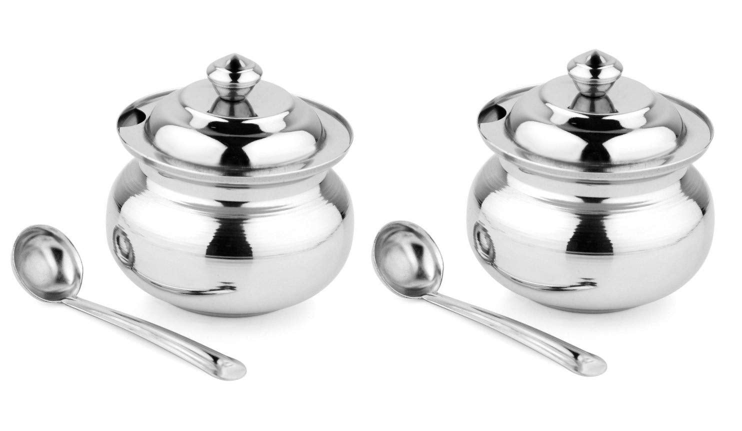 Kc Stainless Steel Multipurpose Ghee Pot, Pickle Container  300 Ml With Spoon Set Of 2 (Silver)